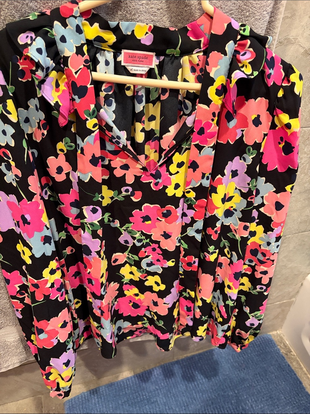 kate spade Black Floral V-Neck Blouse with Pink, Yellow & Coral Flowers
